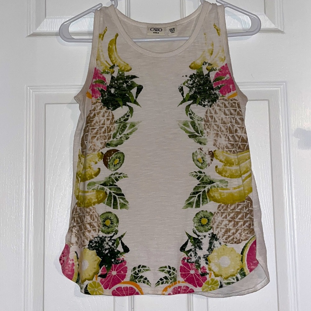 Girl’s Cato Tank Top, off white with tropical fruits & flowers, Large 14/16